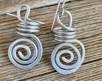 Wire Wrapped Silver Earrings- wire coils, bright aluminum wire, light weight (e115)