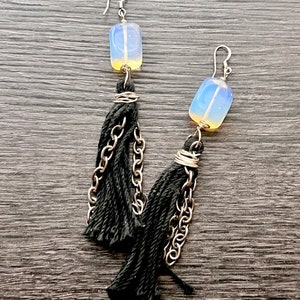 Opalite Tassel Earrings- milky clear, black cotton, silver chain, stainless steel ear wire hook 925 Sterling ear wire option (e211)