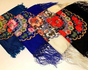 Floral Ukrainian Wool Scarf with Fringe, Folk Shawl