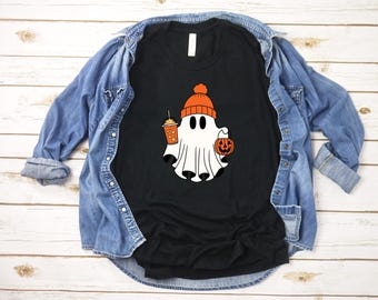 Camisa de Halloween con fantasmas espeluznantes, camisa de Halloween con colores reconfortantes, camisa de fantasma linda, camisa de Halloween para mujer, camisa linda de otoño, regalo para Halloween