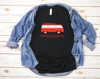 Ocean City Maryland Surf T-Shirt: Vans Full of Boards, Retro Waves