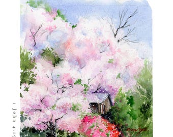 1 John 4:19 Christian Wall Art | Cherry blossoms | Watercolor Scripture Print | He First Loved Us | Spring Cottage Art Print | Square Print