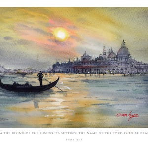 Venice Sunset Gondola Painting with Psalm 113:3 – Christian Wall Art Watercolor Print | From Sunrise to Sunset | God is Praised Home Decor