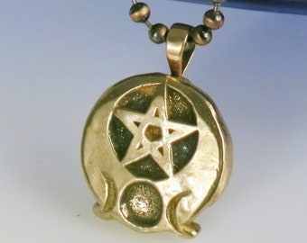 Triple Goddess Crescent Moon Pentacle Bronze Pendant Gift - Handmade Triple Goddess Pentacle Symbolic Bronze Pendant Necklace Gift