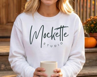 Fall Gildan 18000 White Sweatshirt Mockup | PNG Seasonal Autumn Digital Download