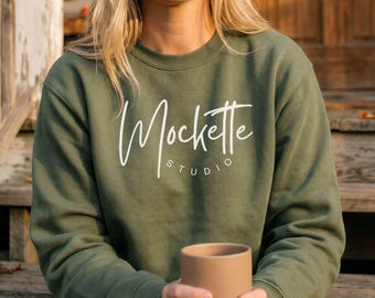 Fall Gildan 18000 Military Green Sweatshirt Mockup | PNG Seasonal Autumn Digital Download