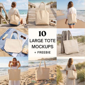 May include: A collection of ten large beige canvas tote bags shown in various beach settings. The images display the plain, rectangular bags with two shoulder straps, presented in different orientations and environments, including text reading 10 LARGE TOTE MOCKUPS + FREEBIE.