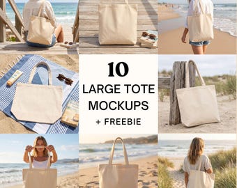 Econscious EC8001 Large Eco Tote Mockup Bundle | Beach Lifestyle Styled Photo (PNG Download)