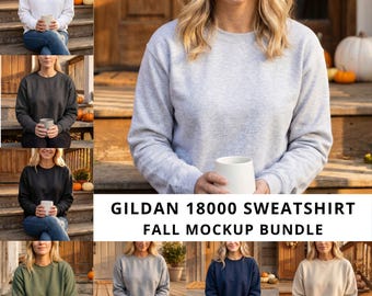 Fall Gildan 18000 Sweatshirt Mockups Bundle | 9 PNG Autumn Digital Download