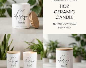 11oz Hand-Poured Ceramic Candle with Lid Mockup Bundle | 3 JPG + PSD Digital Download