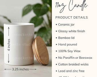 11oz Hand-Poured Candle with Bamboo Lid Size + Features Mockup | 4000px Lifestyle Styled Photo (PNG Download)
