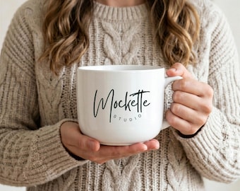 25oz White Ceramic Latte Mug Mockup | Woman Lifestyle Styled Photo (JPG Download)