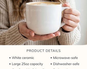 25oz White Ceramic Latte Mug Feature Chart Mockup | Lifestyle Styled Photo (JPG Download)