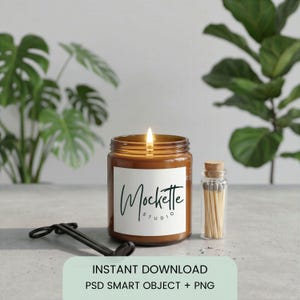 Amber Candle Set with Matches and Wick Trimmer Mockup | PSD Smart Object + PNG Digital Download