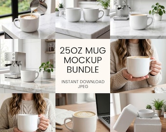 25oz White Ceramic Latte Mug Mockup Bundle | Lifestyle Styled Photos (JPG Download)