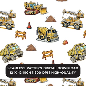Puede incluir: Patrón sin costuras con vehículos de construcción amarillos, incluyendo una excavadora, una hormigonera y un camión volquete, sobre un fondo blanco. El diseño también incluye conos de tráfico naranjas, barreras de madera y montones de tierra. El texto en la parte inferior dice "SEAMLESS PATTERN DIGITAL DOWNLOAD 12 X 12 INCH | 300 DPI | HIGH-QUALITY".