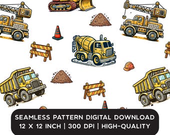 Construction Trucks Seamless File | Boy Seamless Pattern | PNG Digital Download