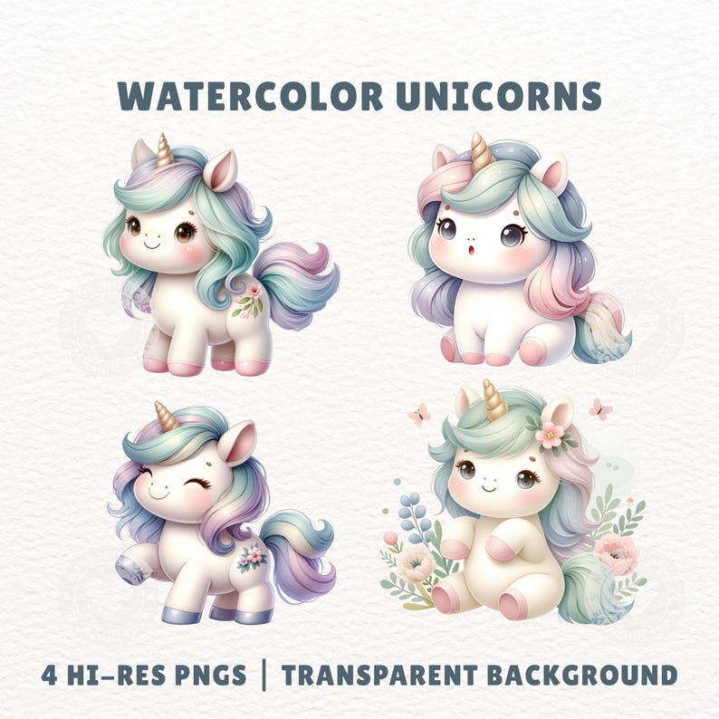 Unicorn Clipart Bundle | Watercolor Pastel Baby Shower | Nursery Baby ...