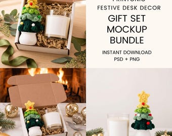 Festive Desk Decor Gift Set Mockup Bundle | Three PNG + PSD Digital Download