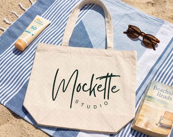 Econscious EC8001 Large Eco Tote Mockup | Beach Lifestyle Styled Photo (PNG Download)