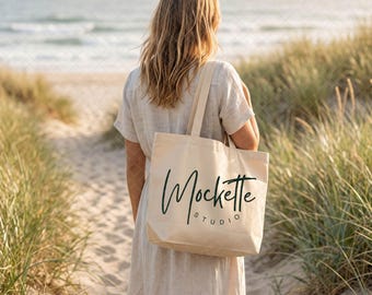Econscious EC8001 Large Eco Tote Mockup | Beach Lifestyle Styled Photo (PNG Download)