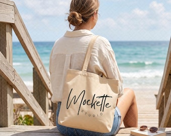 Econscious EC8001 Large Eco Tote Mockup | Beach Lifestyle Styled Photo (PNG Download)