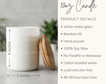 10oz Hand-Poured Candle with Bamboo Lid Size + Features Mockup | 4000px Lifestyle Styled Photo (PNG Download)