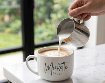 25oz White Ceramic Latte Mug Mockup | Lifestyle Styled Photo (JPG Download)