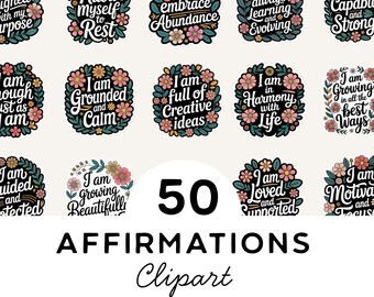 Boho Floral Digital Affirmation Stickers | 50 Inspirational Quotes PNG | Self Care Clipart Bundle