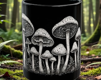 Mushroom Mug, Black and White Fungi Coffee Cup, Mushroom Lover Gift, Cottagecore Mug