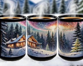 UFO Winter Christmas Tree Mug, Black Coffee Cup, Northern Lights Ceramic Drinkware