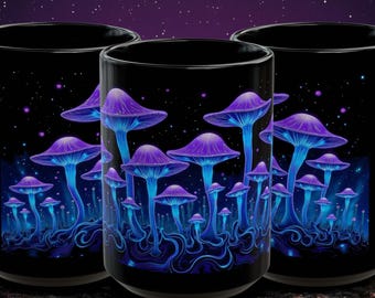 Bioluminescent Mushroom Tea Cup | Psychedelic Purple Blue Fungi Faces Black Coffee Mug Fantasy Gothic
