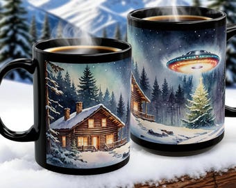 UFO Christmas Tree Abduction Snowy Cabin Mug | Black Ceramic Coffee Cup