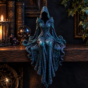 May include: A seated figurine of a hooded figure wearing a long, flowing gown with intricate textures. The sculpture features a dark, iridescent finish with deep blue and green tones, depicting a cloaked entity with a hidden face and draped fabric.