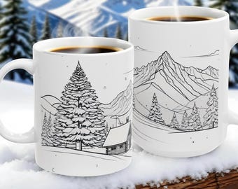 Winter Cabin Ceramic Mug – Mountain Scene Coffee Cup