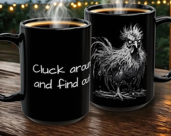 Taza de café rústica con diseño de gallo cacareando y descubriendo: elegante taza negra para decoración de cocina