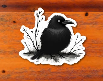 Little Black Raven Sticker | Branches Ink Splash Kiss-Cut Gothic Crow Bird Decal Art
