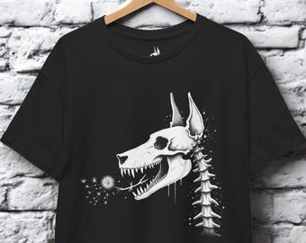 Camiseta gótica con calavera de dóberman y diente de león – Ropa de arte oscuro