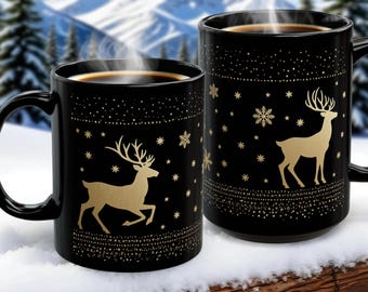 Reindeer with Gold Snowflakes Black Mug  (11oz, 15oz)