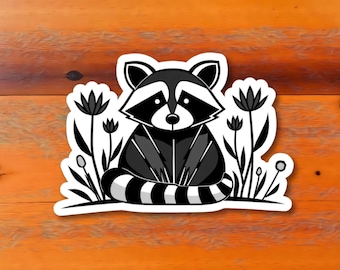 Pegatina de mapache con flores silvestres / Vinilo brillante decorativo, animal de la naturaleza del bosque