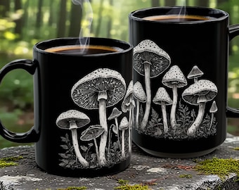 Taza de hongo / Taza de cerámica en blanco y negro Regalo para amantes de la naturaleza Taza de té y café Minimalista