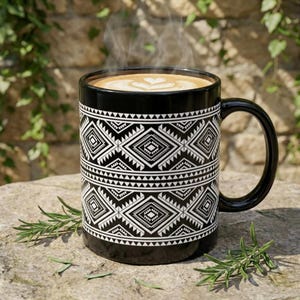 May include: A black coffee mug with a white geometric pattern, filled with a latte topped with a heart design. The mug is on a stone surface with rosemary sprigs. The mug's design is reminiscent of tribal art.