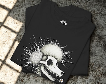Camiseta gótica con calavera de caniche: camiseta punk con halo puntiagudo, hueso y flor.