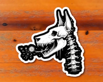 Pegatina de vinilo troquelada con calavera de perro Doberman esquelética de diente de león, estilo gótico, para conmemorar mascotas.