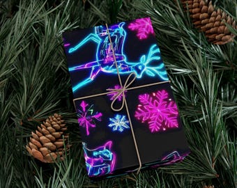 Papel de regalo con renos neón y copos de nieve – Papel de regalo navideño brillante