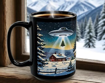 UFO Christmas Tree Abduction Over Snowy Cabin Mug