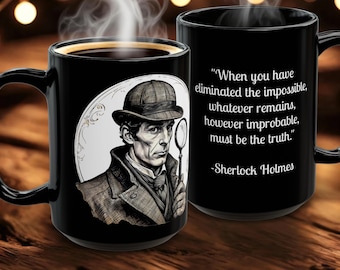 Taza de cerámica negra de 325 ml con cita literaria de Sherlock Holmes: un divertido regalo de detective para amantes de los libros.
