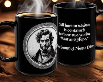 Taza de cerámica negra con cita literaria del Conde de Montecristo