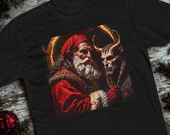 Santa Claus Krampus Illustration T-Shirt Dark Holiday Gothic Christmas Graphic Tee Alternative Xmas Apparel