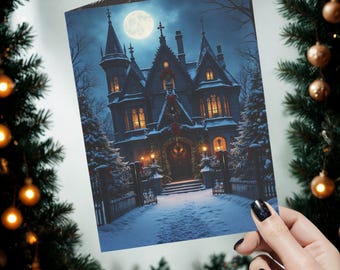 Tarjeta navideña de mansión victoriana nevada Tarjetas de felicitación / Tarjetas navideñas de noche de invierno